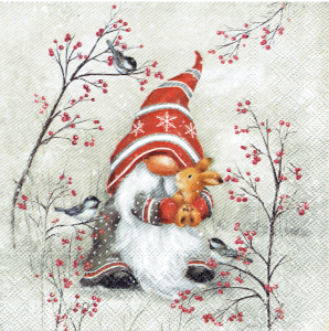 Serwetka decoupage 33x33 cm - krasnal, zając, ptaki, zima