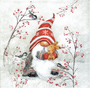 Serwetka decoupage mała 25x25cm - krasnal, skrzat, zając, ptaki, zima