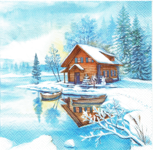 Serwetka decoupage 33x33 cm - widok zimowy, pejzaż, zima, domek nad jeziorem