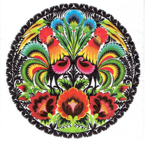 Serwetka decoupage 33x33 cm - folklor, ludowa, koguty, kwiaty