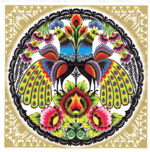 Serwetka decoupage 33x33 cm - folklor, ludowa, koguty, kwiaty