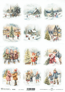 Papier ryżowy A4 ITD do decoupage - widok zimowy, pejzaż, dzieci, zima