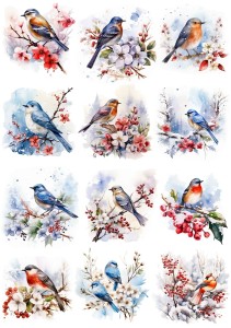 Papier ryżowy A4 do decoupage Artando  - Ptaki, kwiaty, zima