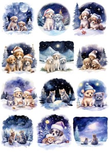 Papier ryżowy A4 do decoupage Artando  - Psy, koty, zwierzęta, zima
