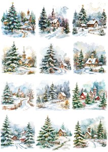 Papier ryżowy A4 do decoupage Artando  - widok, pejzaż zimowy, kościółki, zima