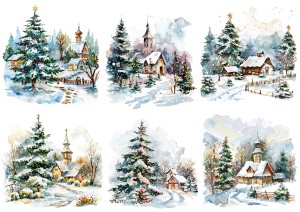 Papier ryżowy A4 do decoupage Artando  - widok, pejzaż zimowy, kościółki, zima