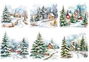 Papier ryżowy A4 do decoupage Artando  - widok, pejzaż zimowy, kościółki, zima