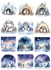 Papier ryżowy A4 do decoupage Artando  - pingwiny, iglo, zima