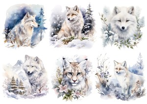 Papier ryżowy A4 do decoupage Artando  - Wilk, ryś, lis, zima