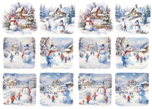 Papier ryżowy A4 do decoupage Artando  - Widok, pejzaż, zima, bałwan, dzieci