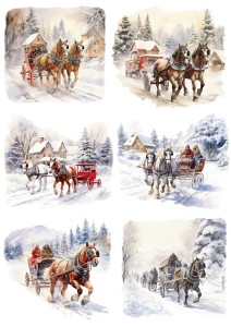 Papier ryżowy A4 do decoupage Artando  - Konie, zaprzęg, zima