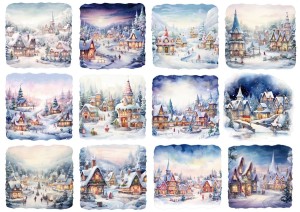 Papier ryżowy A4 do decoupage Artando  - widok zimowy, domy, miasteczko, pejzaż, zima