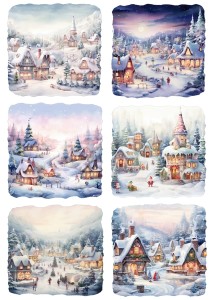 Papier ryżowy A4 do decoupage Artando  - widok zimowy, domy, miasteczko, pejzaż, zima