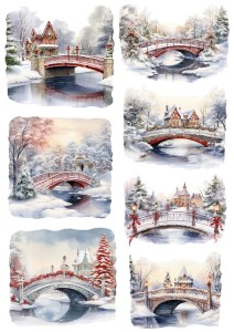 Papier ryżowy A4 do decoupage Artando  - widok zimowy, domy, mosty, pejzaż, zima 