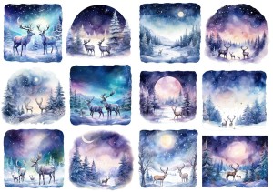 Papier ryżowy A4 do decoupage Artando  - Ranifery, jelenie, widok, las, zima, noc