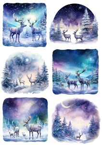 Papier ryżowy A4 do decoupage Artando  - Ranifery, jelenie, widok, las, zima, noc 