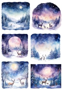 Papier ryżowy A4 do decoupage Artando  - Ranifery, jelenie, widok, las, zima, noc