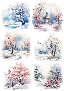 Papier ryżowy A4 do decoupage Artando  - Widok zimowy, pejzaż, drzewa, ptaszki, zima