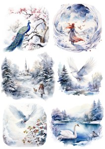 Papier ryżowy A4 do decoupage Artando  - Widok zimowy, pejzaż, ptaki, zima