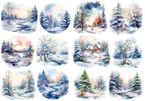 Papier klasyczny A4 do decoupage - widok zimowy, pejzaż, zima