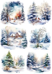 Papier klasyczny A4 do decoupage - widok zimowy, pejzaż, zima