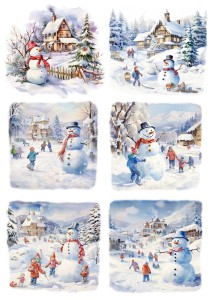 Papier klasyczny A4 do decoupage - widok zimowy, bałwany, dzieci, pejzaż, zima 