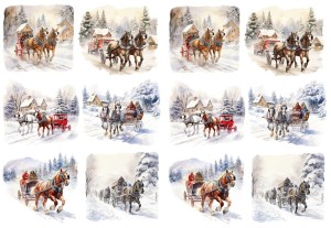 Papier klasyczny A4 do decoupage - konie, koniki, zaprzęg, zima