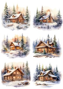 Papier klasyczny A4 do decoupage - domy, chatki, las, zima, widok