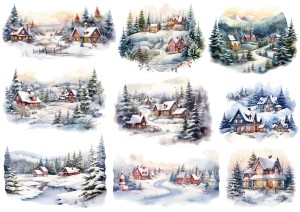 Papier klasyczny A4 do decoupage - widok zimowy, pejzaż, domy, zima