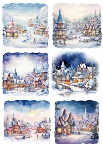 Papier klasyczny A4 do decoupage - widok zimowy, pejzaż, domy, miasteczko,  zima 