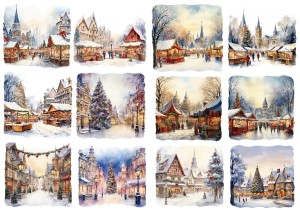 Papier klasyczny A4 do decoupage - widok zimowy, pejzaż, miasteczko, choinka, zima