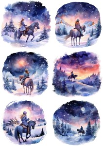 Papier ryżowy A4 do decoupage Artando  - dziewczyna, koń, las, zima, noc