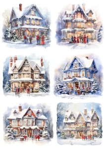 Papier ryżowy A4 do decoupage Artando  - widok zimowy, domy, kolędnicy, zima