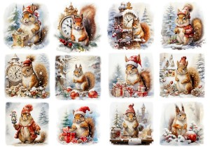 Papier ryżowy A4 do decoupage Artando  - wiewiórki, zegary, zima, święta