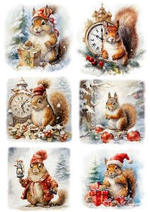 Papier ryżowy A4 do decoupage Artando  - wiewiórki, zegary, zima, święta