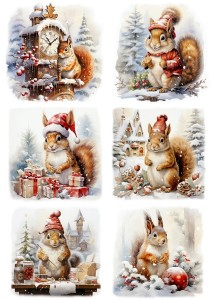 Papier ryżowy A4 do decoupage Artando  - wiewiórki, zegary, zima, święta