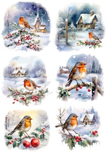 Papier klasyczny A4 do decoupage - widok zimowy, pejzaż, ptaki, ptaszki, zima 