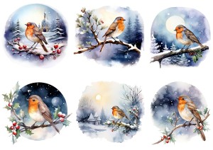 Papier klasyczny A4 do decoupage - widok zimowy, pejzaż, ptaki, ptaszki, zima 