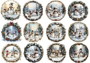 Papier ryżowy A4 do decoupage Artando  - bałwany, bałwanki, zima, widok, wianek