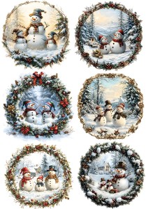 Papier ryżowy A4 do decoupage Artando  - bałwany, bałwanki, zima, widok, wianek 