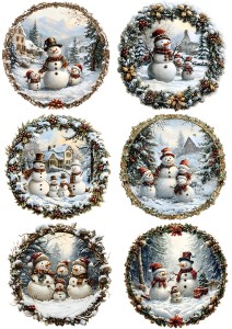 Papier ryżowy A4 do decoupage Artando  - bałwany, bałwanki, zima, widok, wianek 