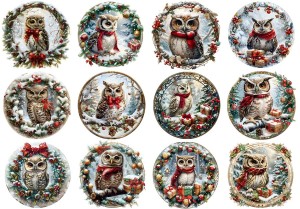 Papier ryżowy A4 do decoupage Artando  - sowy, sówki, ptaki, wianek, zima, święta