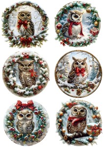Papier ryżowy A4 do decoupage Artando  - sowy, sówki, ptaki, wianek, zima, święta 