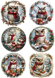 Papier ryżowy A4 do decoupage Artando  - sowy, sówki, ptaki, wianek, zima, święta 