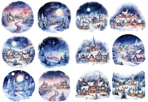 Papier ryżowy A4 do decoupage Artando  - widok, zimowy, pejzaż, zima, domki, miasteczko