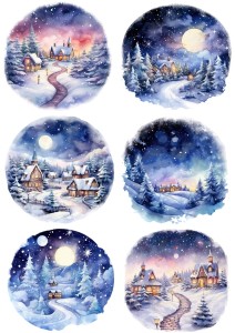 Papier ryżowy A4 do decoupage Artando  - widok, zimowy, pejzaż, zima, domki, miasteczko