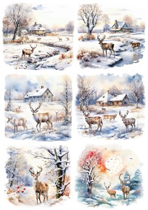Papier ryżowy A4 do decoupage Artando  - widok, zimowy, pejzaż, zima, jelenie, sarny