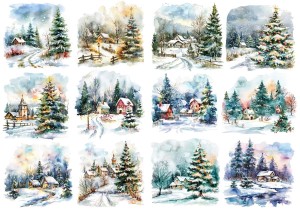 Papier ryżowy A4 do decoupage Artando  - widok zimowy, pejzaż, zima, kościół, domki, choinki
