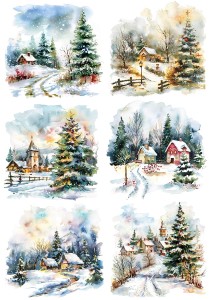 Papier ryżowy A4 do decoupage Artando  - widok zimowy, pejzaż, zima, kościół, domki, choinki 