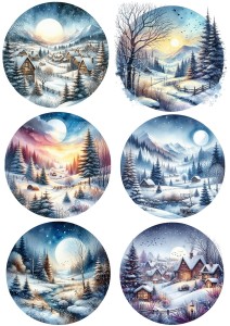 Papier ryżowy A4 do decoupage Artando  - widok zimowy, pejzaż, zima, domki, miasteczko